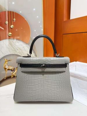 cheap quality Hermes Kelly 25 Crocodile gray / black